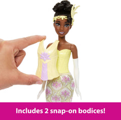Mattel Disney Princess Tiana with soft skirts for varied party-ready silhouettes.
