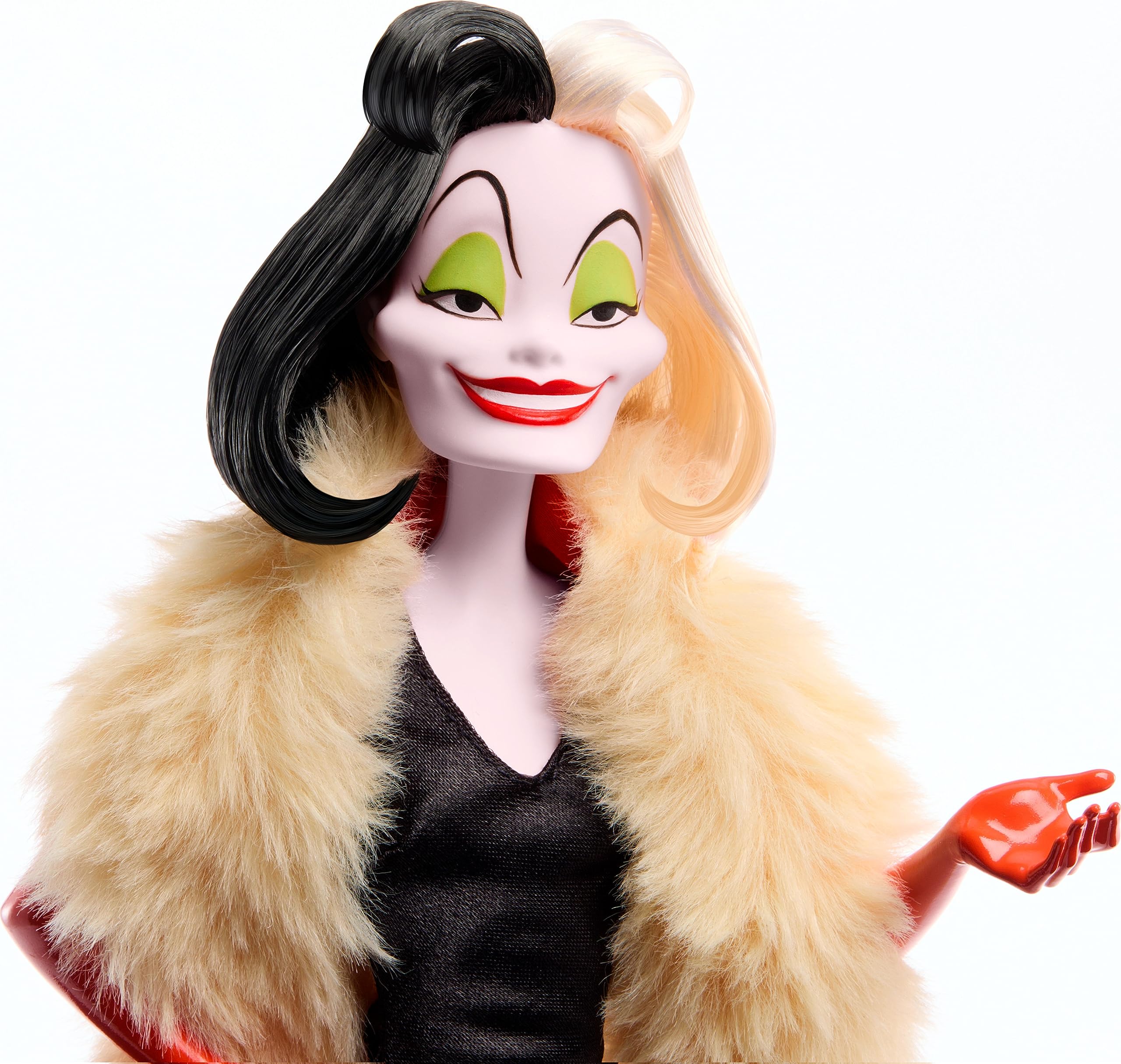 Mattel Disney Cruella doll in black gown with faux fur, perfect for dramatic storytelling
