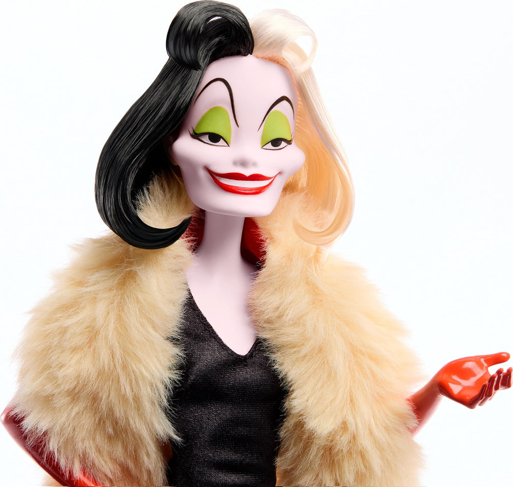 Mattel Disney Cruella doll in black gown with faux fur, perfect for dramatic storytelling