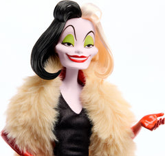 Mattel Disney Cruella doll in black gown with faux fur, perfect for dramatic storytelling