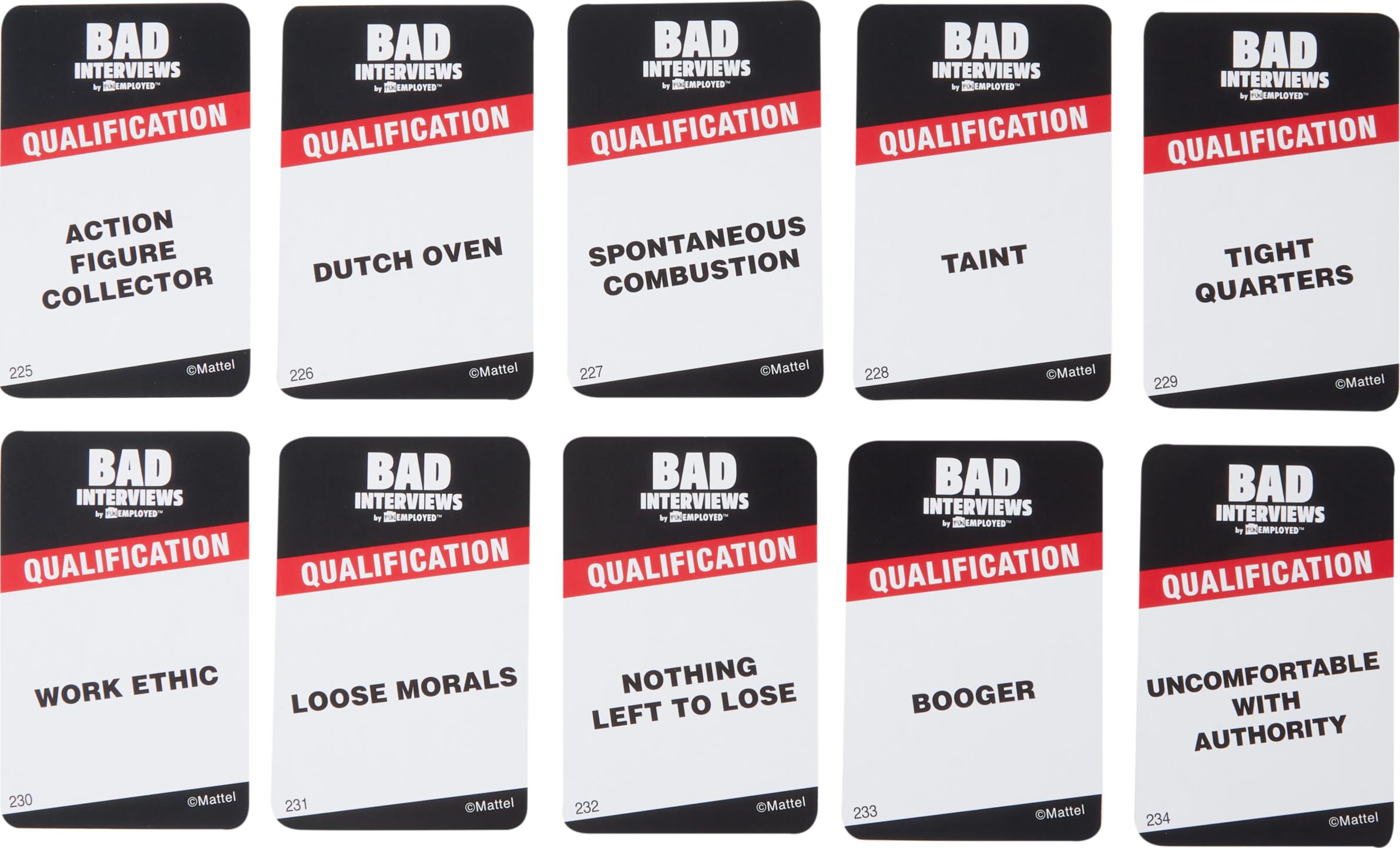 Mattel Games Applicant with Qualification Cards crafting humorous pitches under pressure