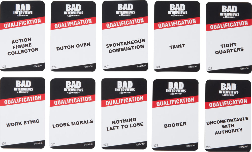 Mattel Games Applicant with Qualification Cards crafting humorous pitches under pressure