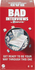 Mattel Games Bad Interviews card pile, ready for witty applicant pitches and playful competition