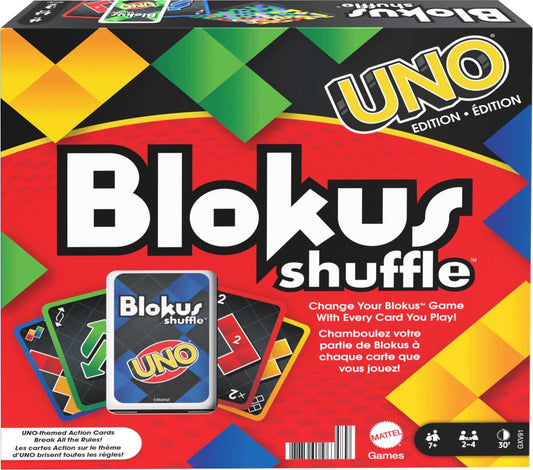 Mattel Games Blokus Shuffle UNO Edition board with colorful pieces for strategic play.