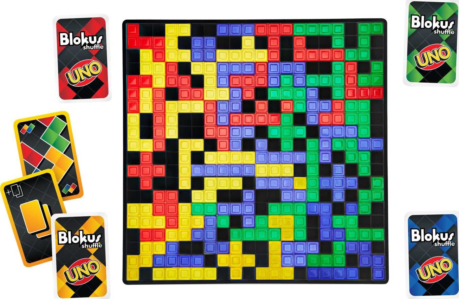Mattel Games Blokus Shuffle UNO Edition for a lively family game night.