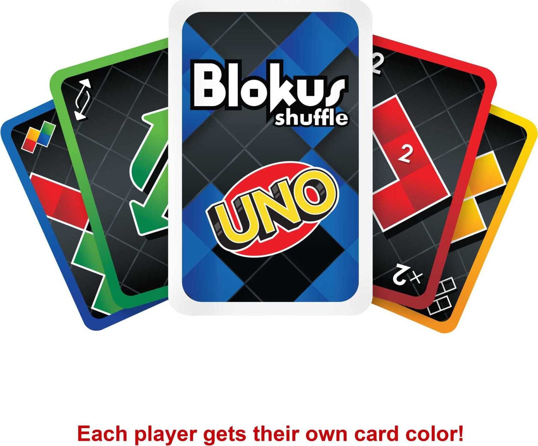 Mattel Games Blokus Shuffle UNO Edition game pieces ready for corner-touch strategy.
