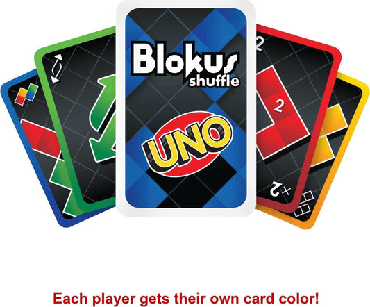 Mattel Games Blokus Shuffle UNO Edition game pieces ready for corner-touch strategy.
