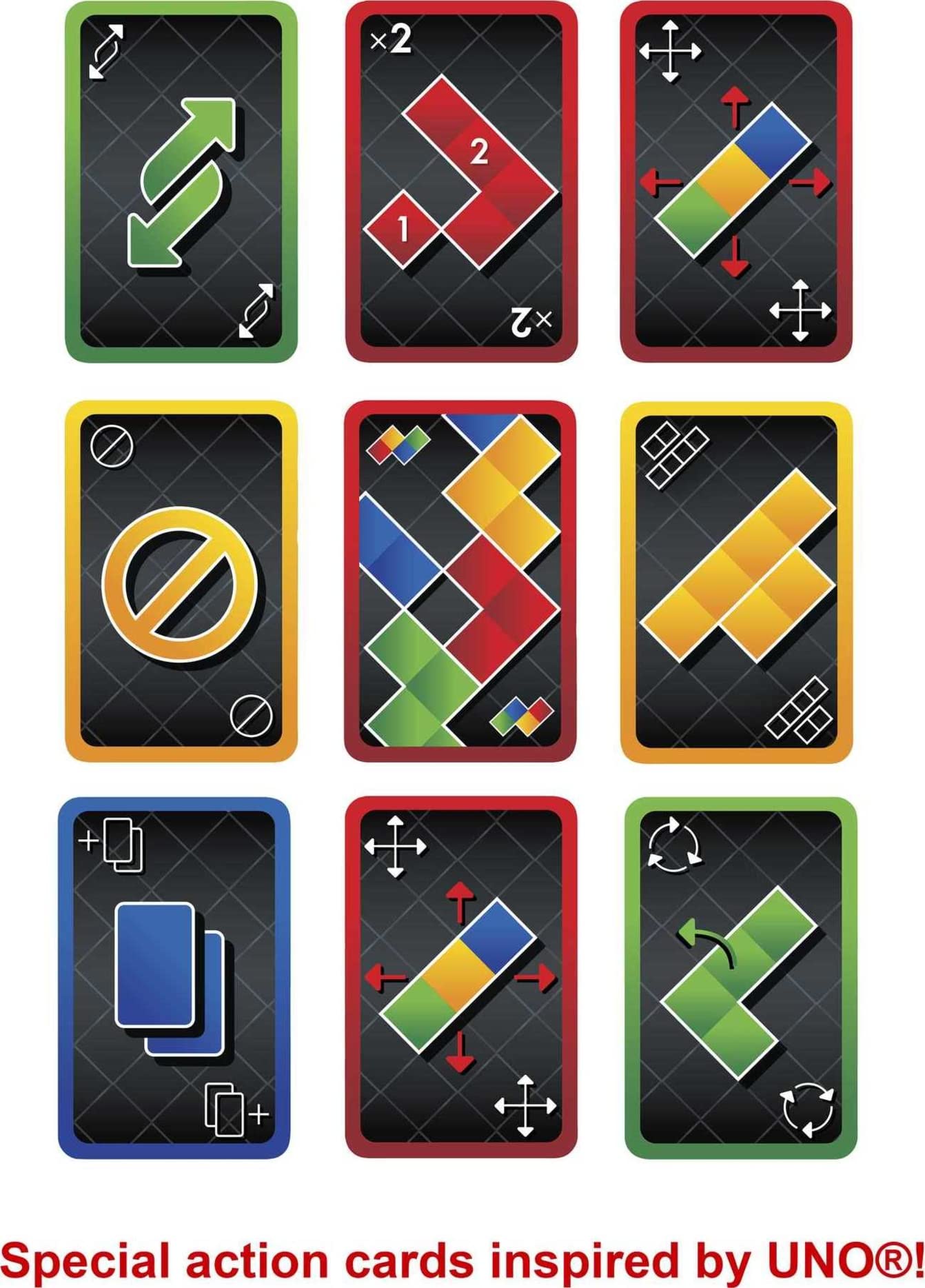 Mattel Games Blokus Shuffle UNO Edition UNO-inspired action cards add twists.