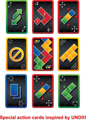 Mattel Games Blokus Shuffle UNO Edition UNO-inspired action cards add twists.