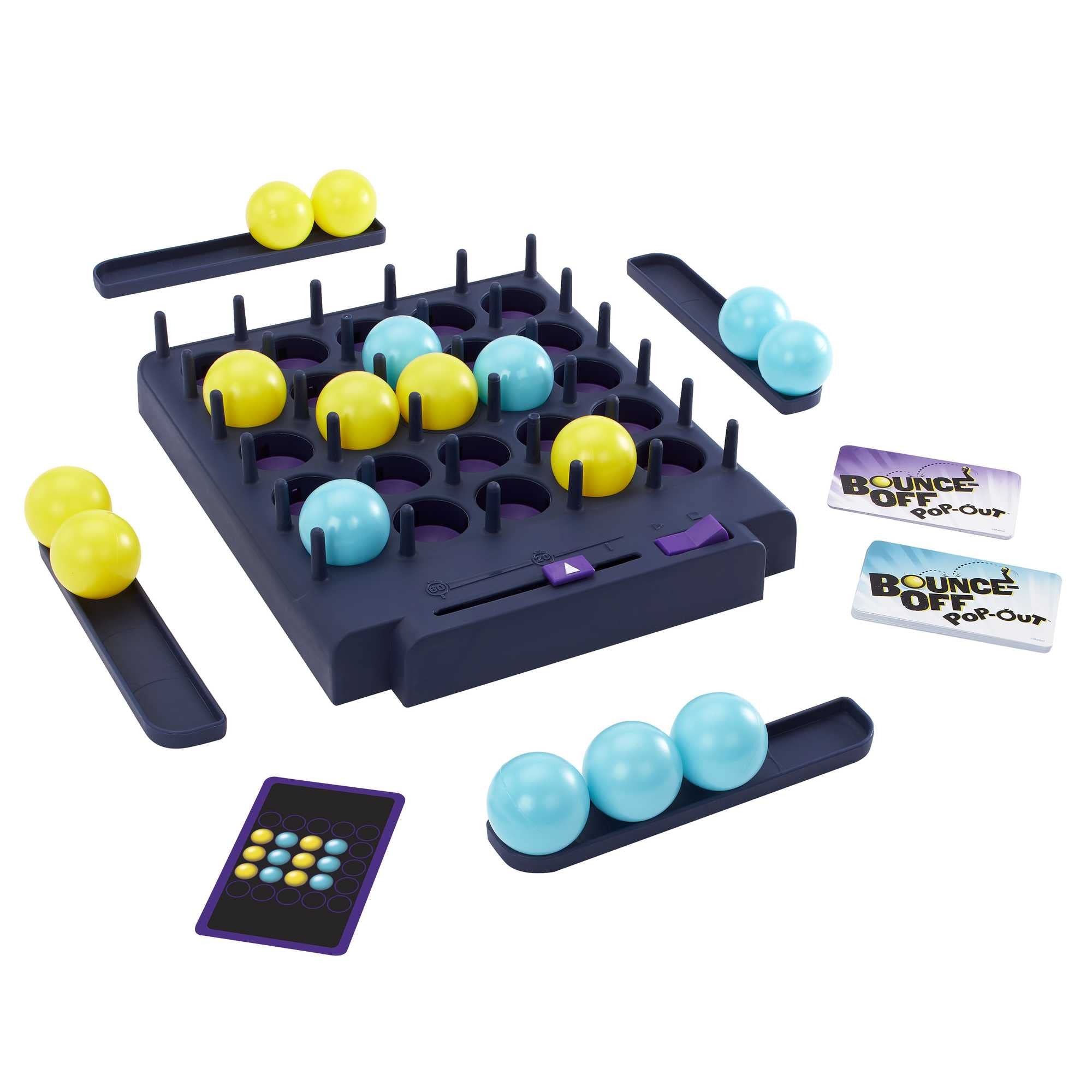 Mattel Games Bounce-Off Pop-Out timer and card setup for quick, energized rounds.