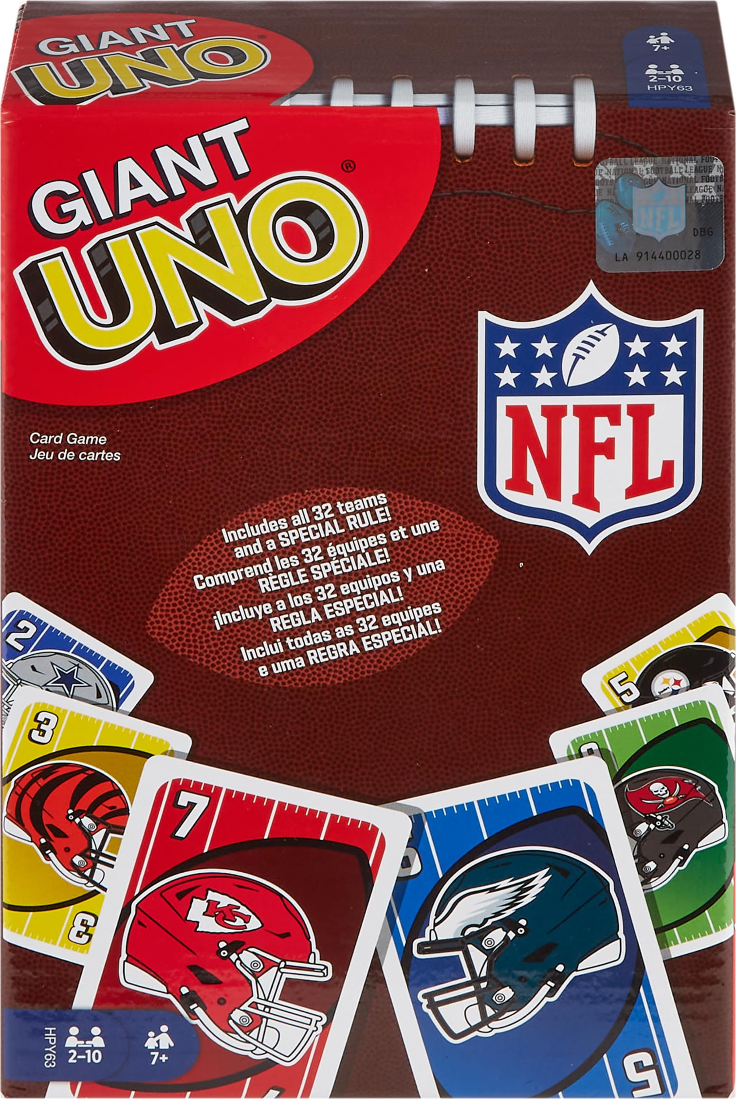 Mattel Games Giant UNO NFL cards feature bold team visuals for family game nights.