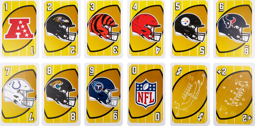 Mattel Games Giant UNO NFL cards with a goalpost-action moment during play.