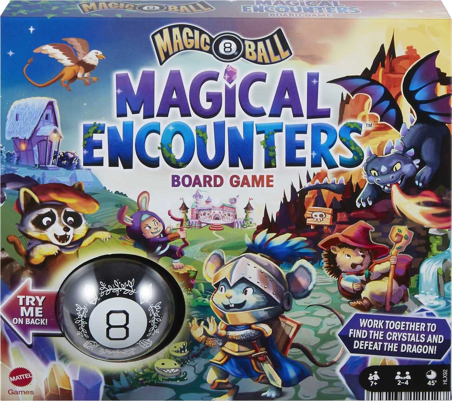 Mattel Games Magic 8 Ball Encounters box front, vivid imagery for family game night.