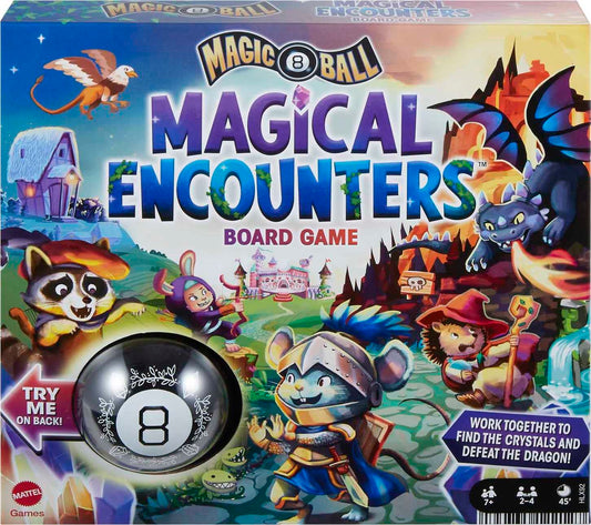 Mattel Games Magic 8 Ball Encounters box front, vivid imagery for family game night.