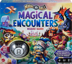 Mattel Games Magic 8 Ball Encounters box front, vivid imagery for family game night.