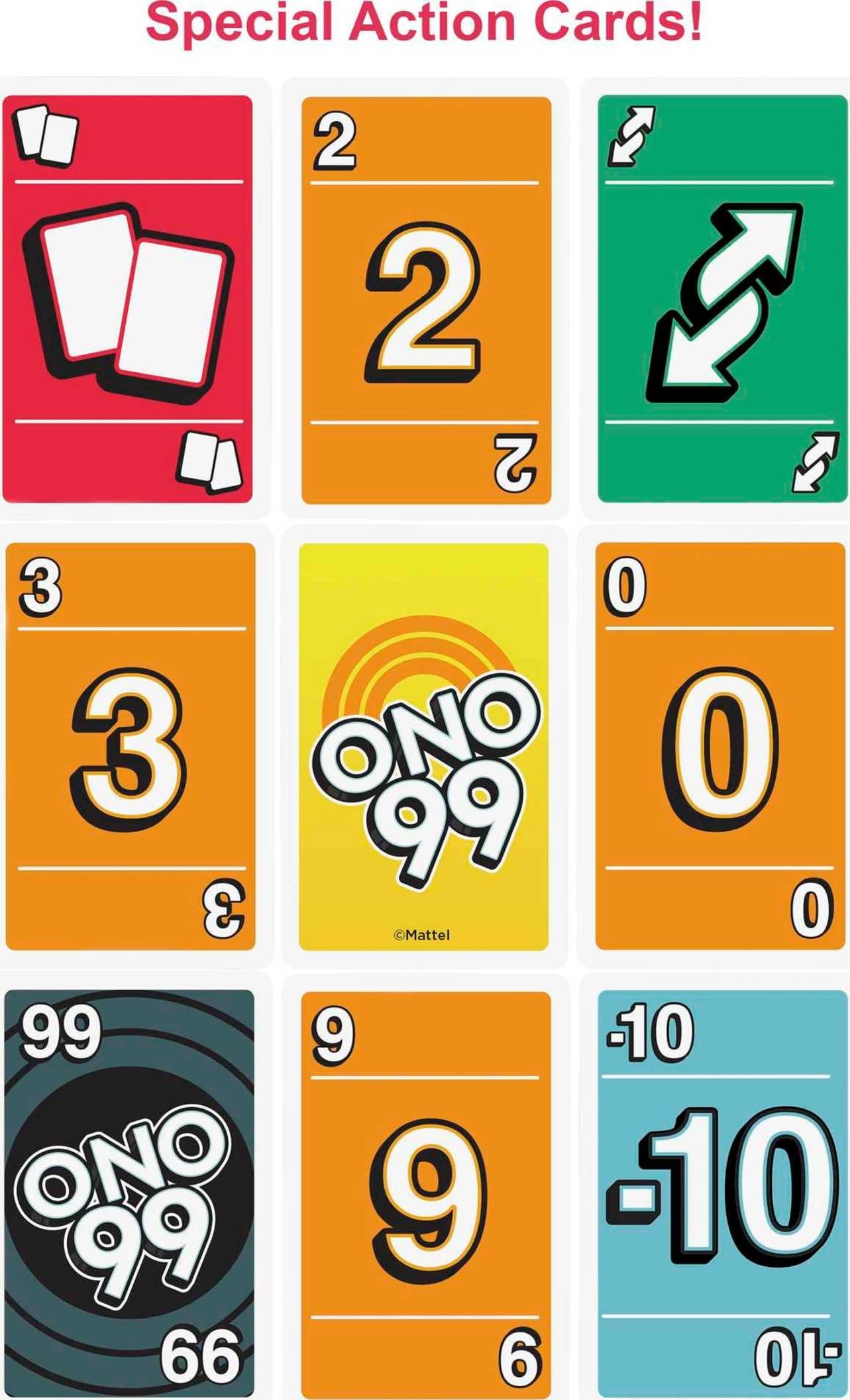 Mattel Games ONO 99 card game REVERSE and DRAW 2 cards changing momentum