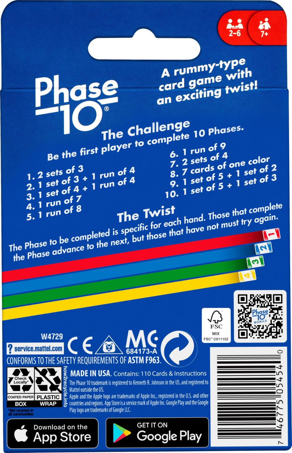Mattel Games Phase 10 instructions and box provide clear setup and rules.
