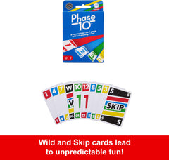 Mattel Games Phase 10 play setup shows family-friendly table layout for 2–6 players.