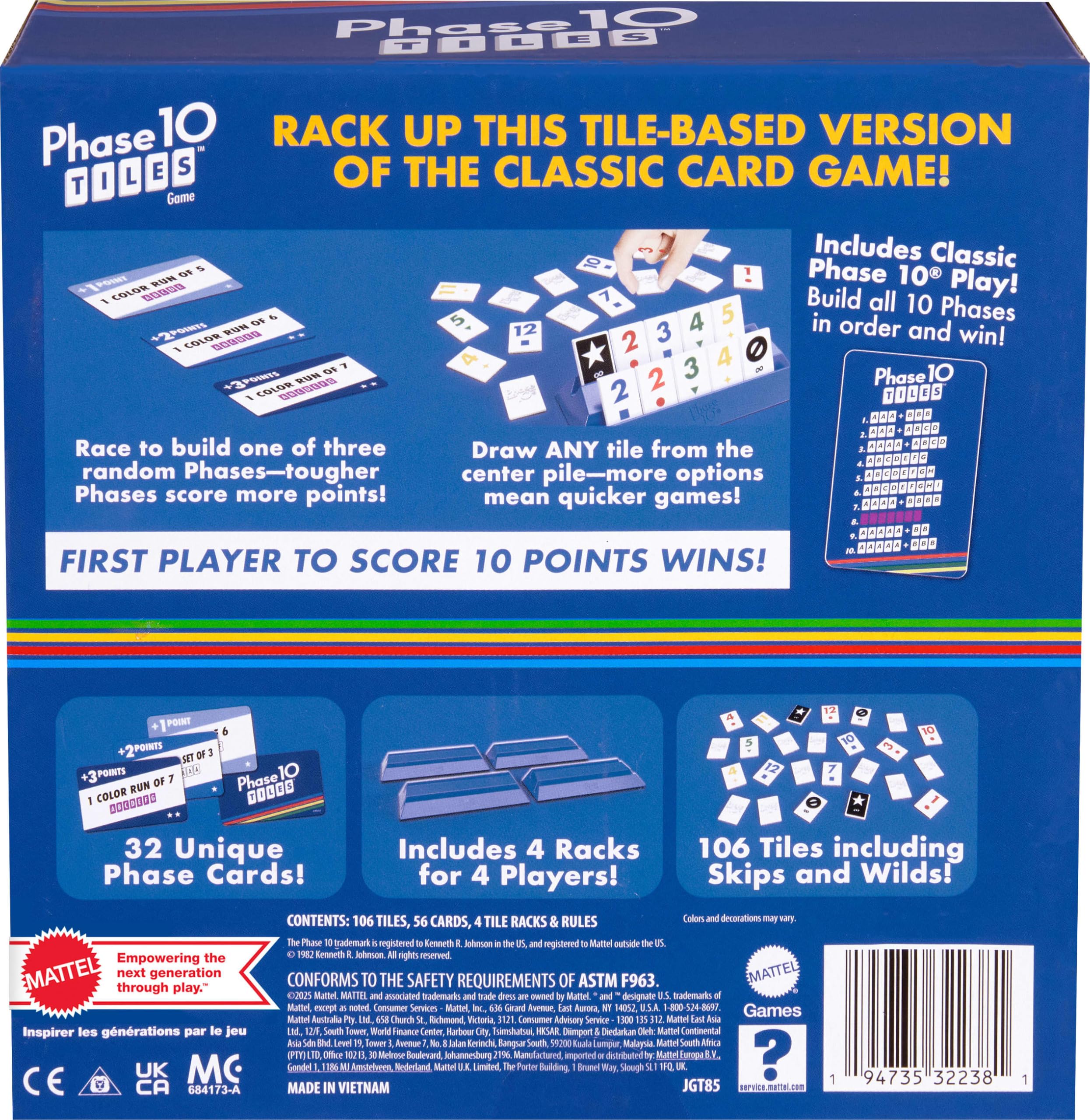 Mattel Games Phase 10 Tiles box contents organized for easy setup.