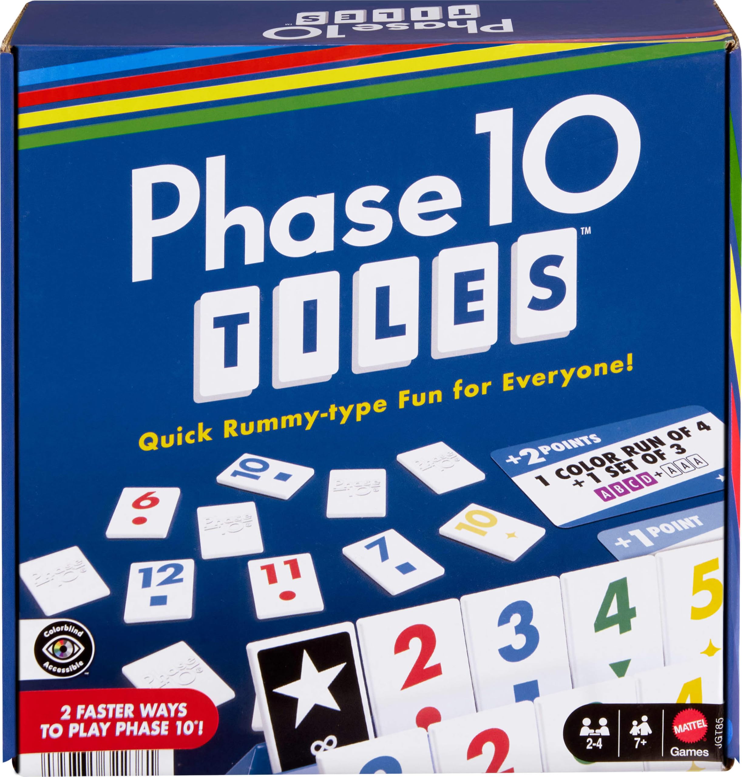 Mattel Games Phase 10 Tiles in play with colorful tiles.