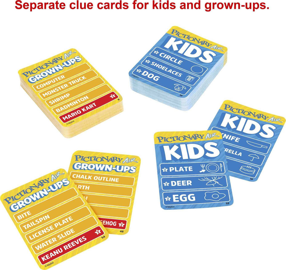 Mattel Games Pictionary Air app on screen showing drawings and clues