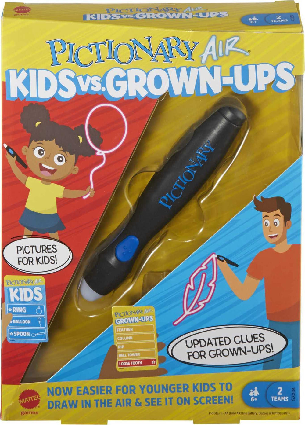 Mattel Games Pictionary Air Kids vs Grown-Ups box front for family game night