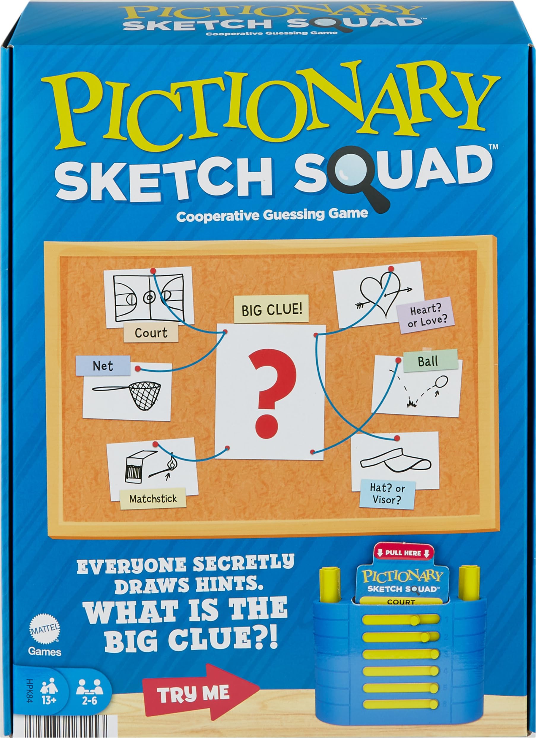 Mattel Games Pictionary Sketch Squad clue case with sliding windows enhances secret hints viewing