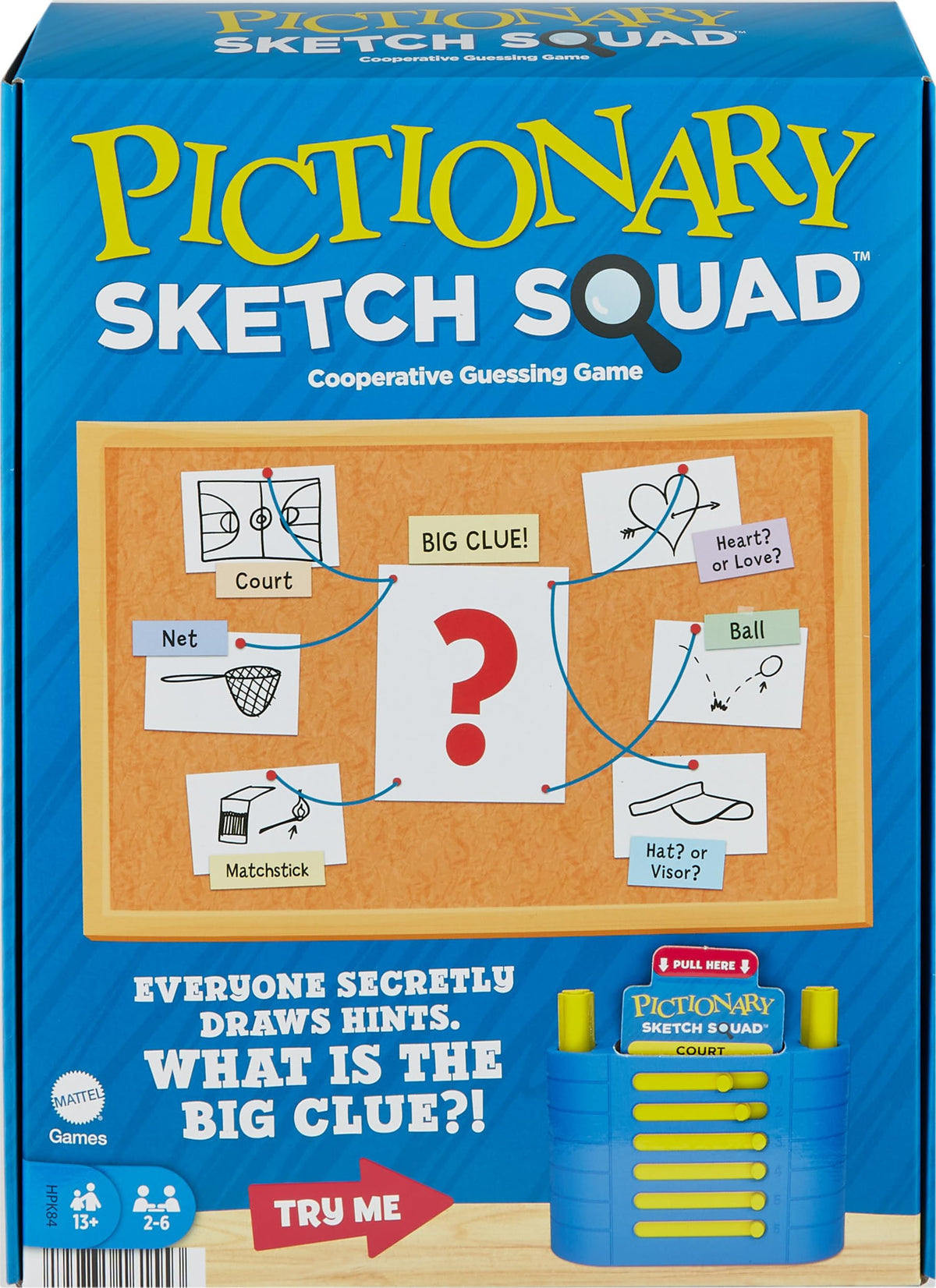 Mattel Games Pictionary Sketch Squad clue case with sliding windows enhances secret hints viewing