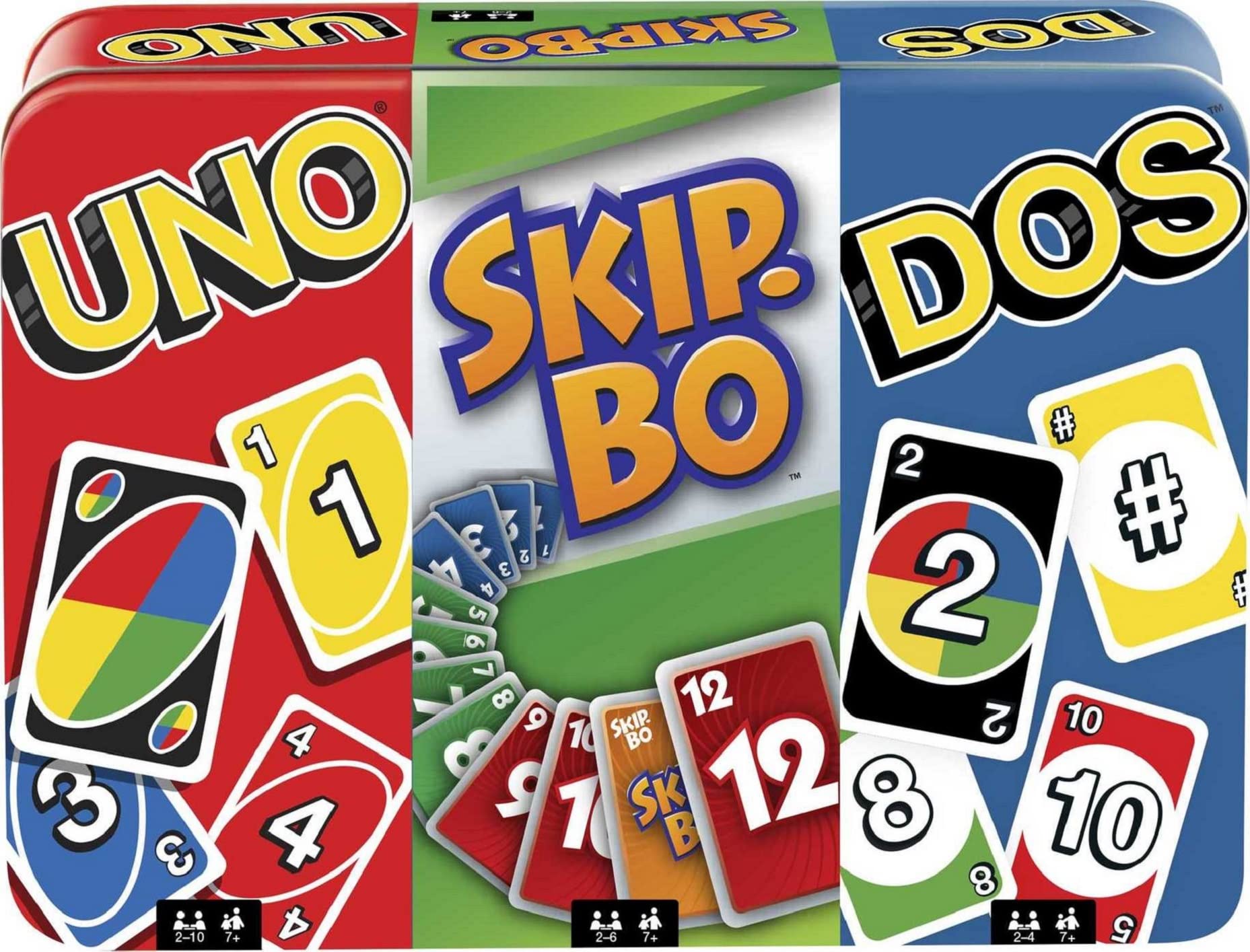 Mattel Games UNO, DOS, and Skip-Bo in a travel tin ready for family game night.