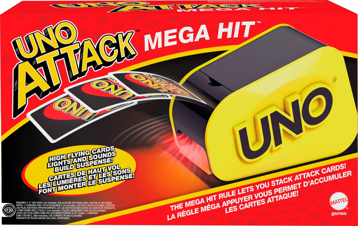Mattel UNO Attack card launcher with lights for suspenseful card bursts.