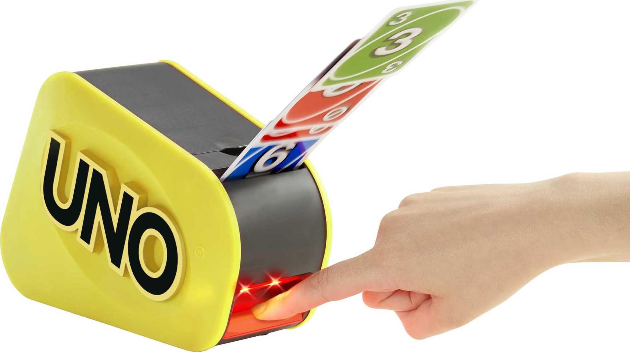 Mattel UNO Attack mega hit launcher showcases vibrant lights and rapid action.