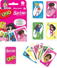 Mattel Games UNO Barbie card game packaging with Barbie graphics, ideal for family game nights