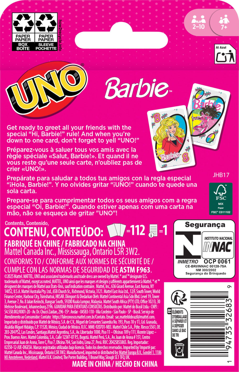 Mattel Games UNO Barbie, table-ready for game nights, camping trips, and parties