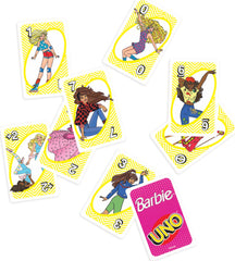 Mattel Games UNO Barbie rule card highlighting Hi, Barbie! for playful draws