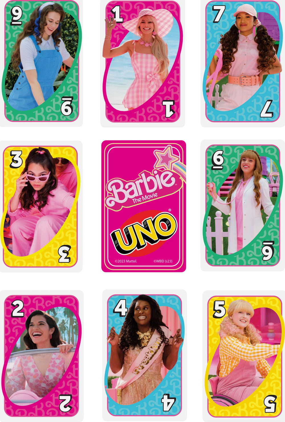 Barbie-themed artwork on UNO Barbie The Movie cards for kids ages 7 and up.
