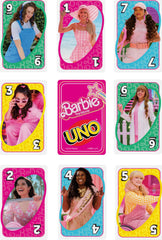 Barbie-themed artwork on UNO Barbie The Movie cards for kids ages 7 and up.