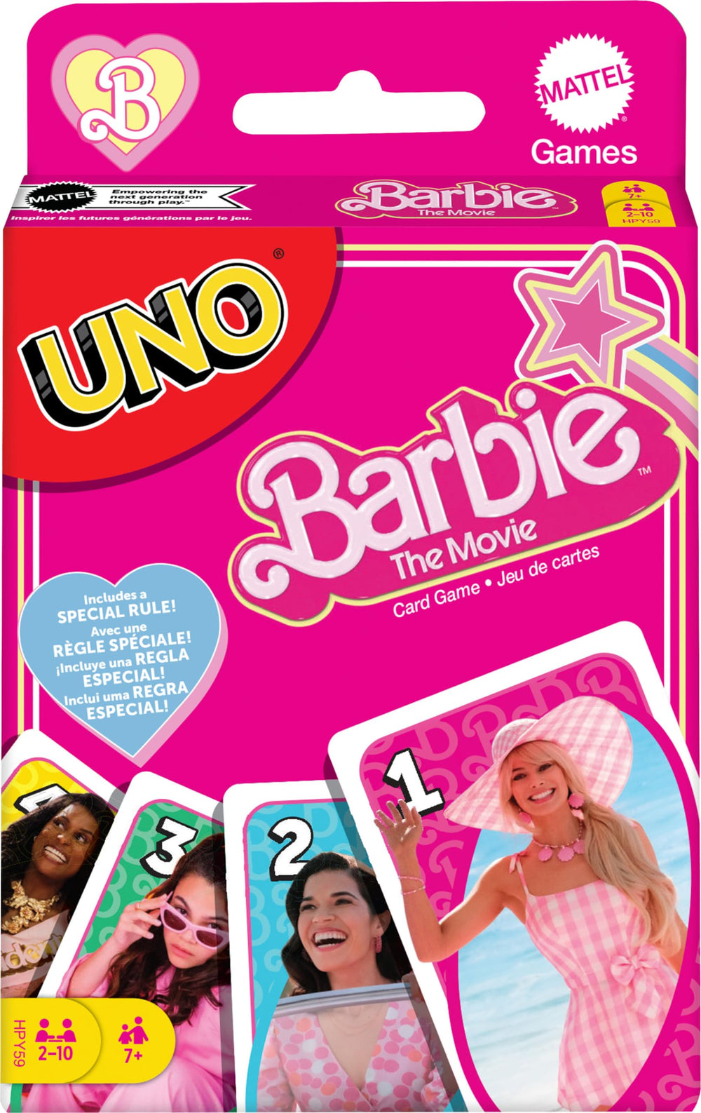 Mattel Games UNO Barbie The Movie card game deck with Barbie characters for family game night.