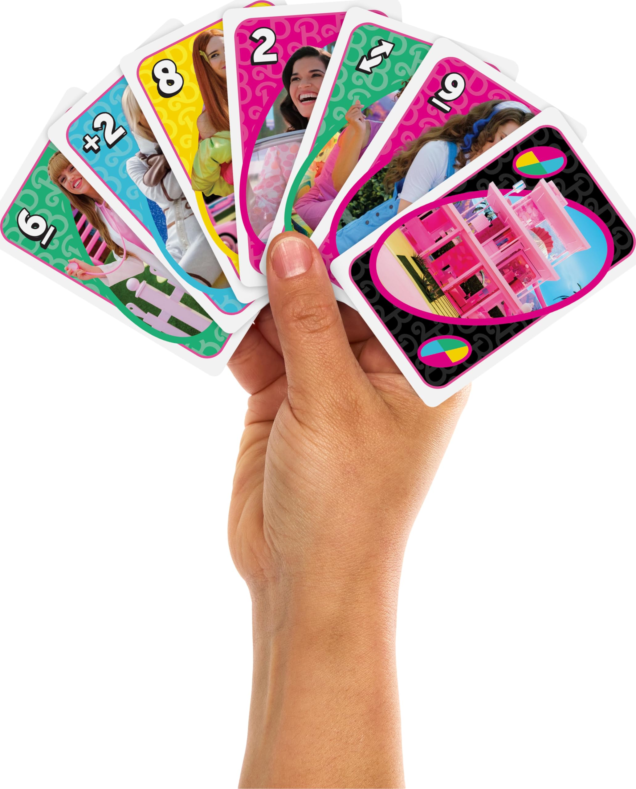 UNO Barbie The Movie card game last card UNO moment with colorful artwork.