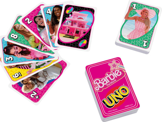 Mattel UNO Barbie The Movie card game shows Played With Too Much rule in action.