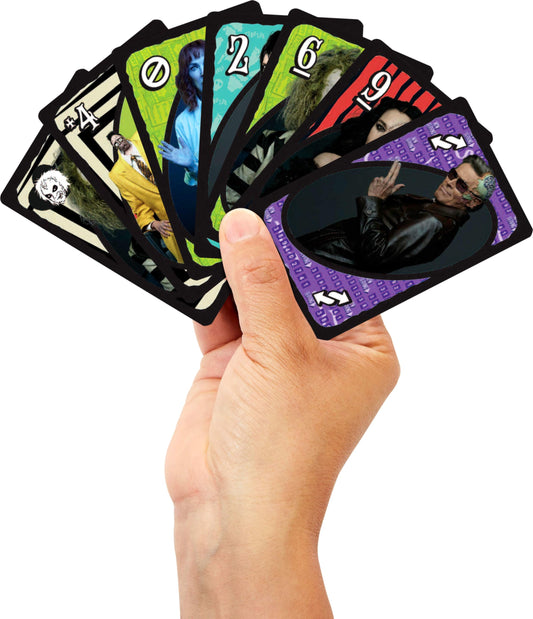 Mattel Games UNO Beetlejuice character art boosts immersion during game night.