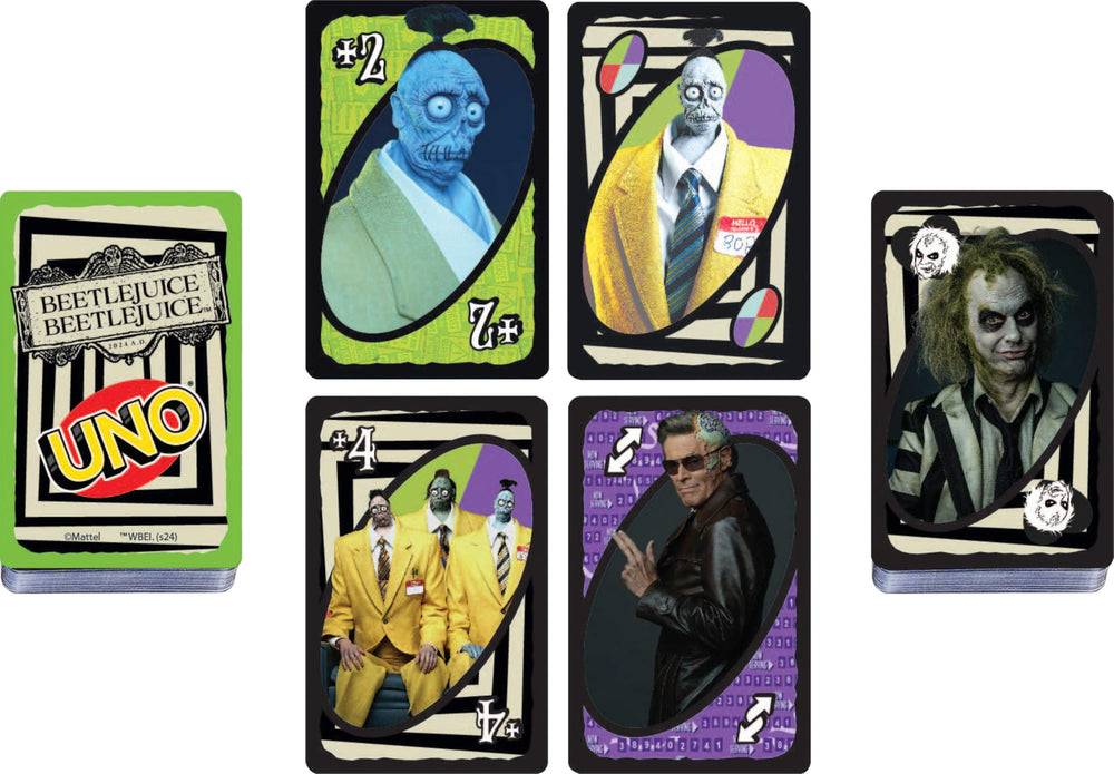 Mattel Games UNO Beetlejuice color and number matching keeps players engaged.