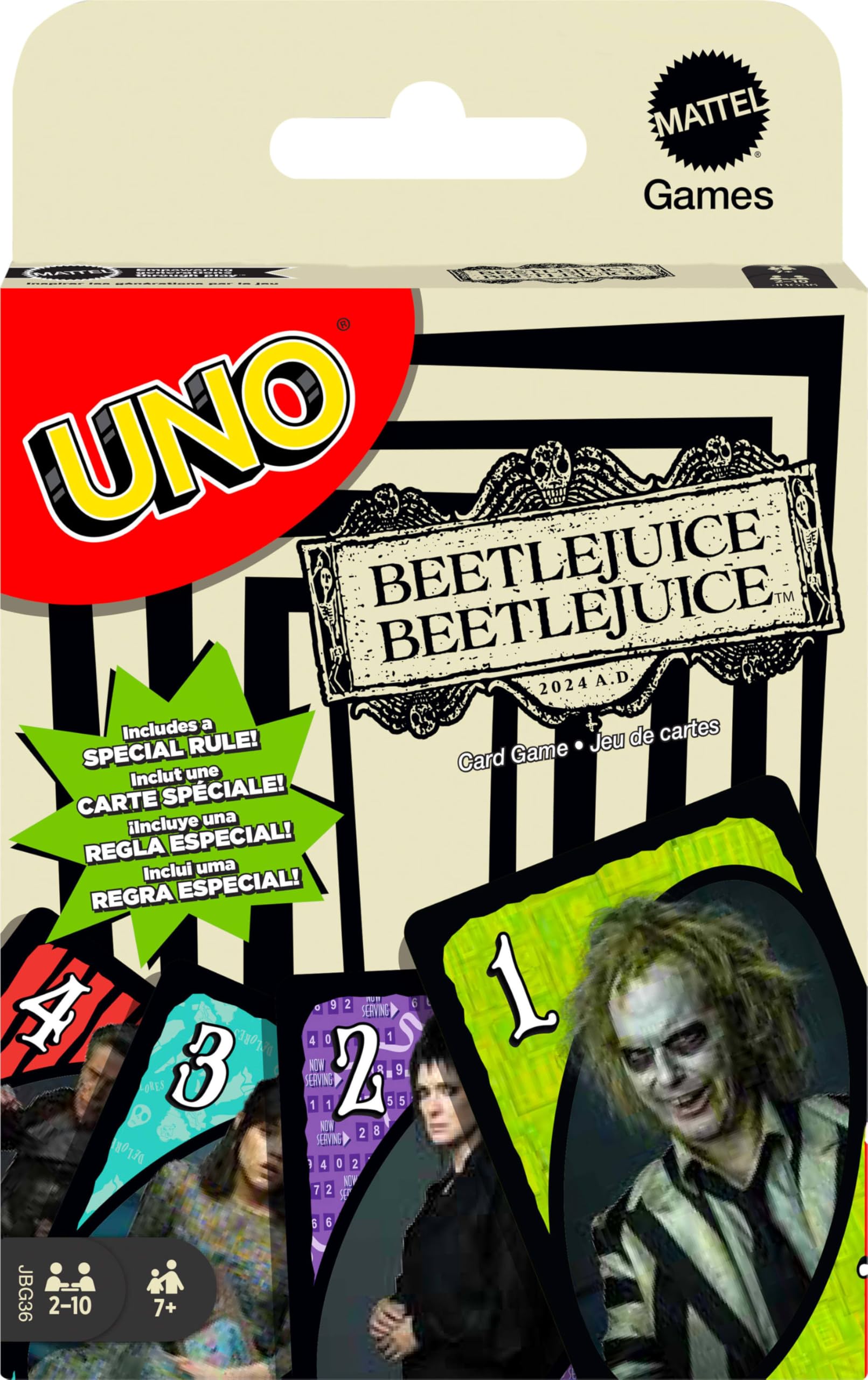 Mattel Games UNO Beetlejuice deck graphics enhance movie-themed family play.