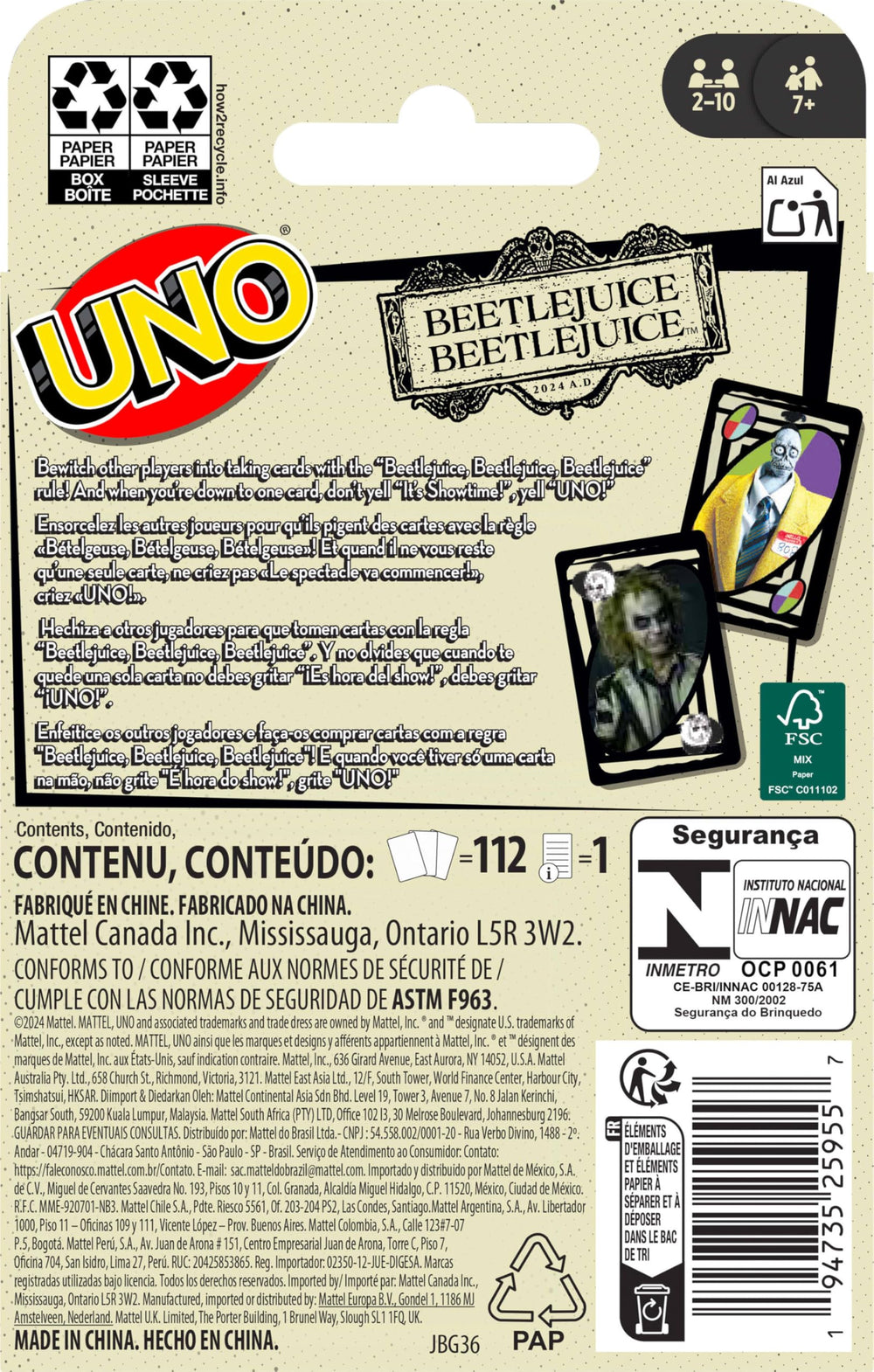 Mattel Games UNO Beetlejuice packaging includes deck and quick setup guide.