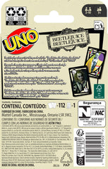 Mattel Games UNO Beetlejuice packaging includes deck and quick setup guide.