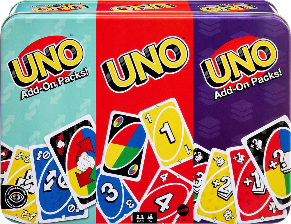 Mattel Games UNO collectible tin showcases portable family game night storage.