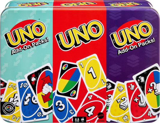 Mattel Games UNO collectible tin showcases portable family game night storage.