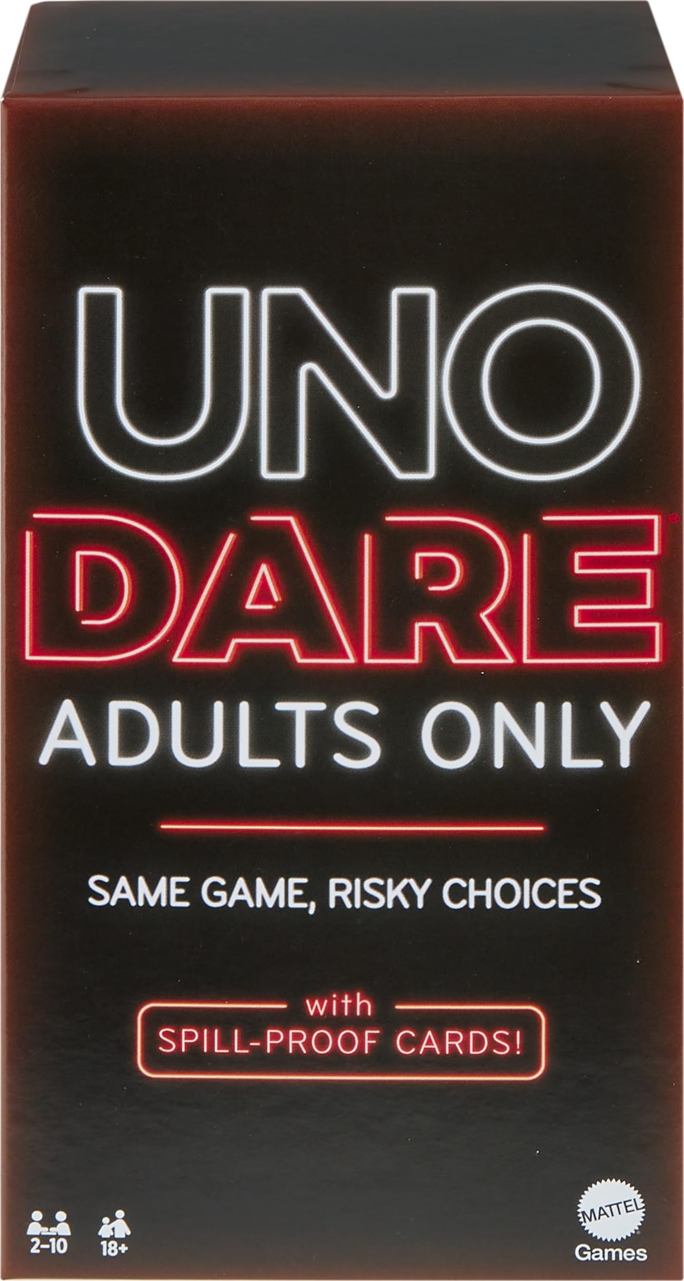 Mattel Games UNO Dare adults-only deck for bold party challenges.