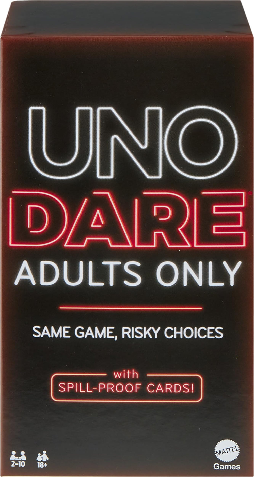 Mattel Games UNO Dare adults-only deck for bold party challenges.