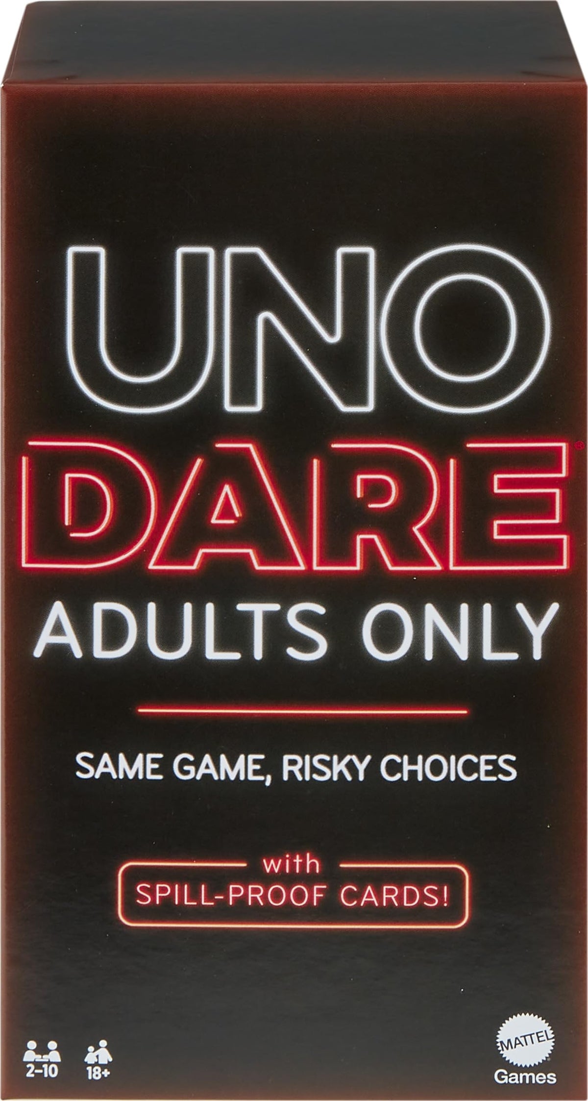 Mattel Games UNO Dare adults-only deck for bold party challenges.