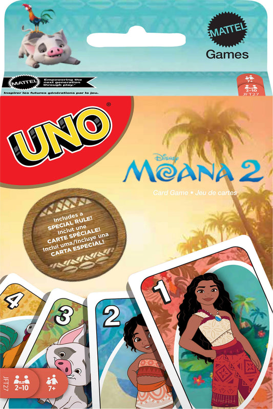 Mattel Games UNO Disney Moana 2 deck graphics highlighting Moana characters for family game night